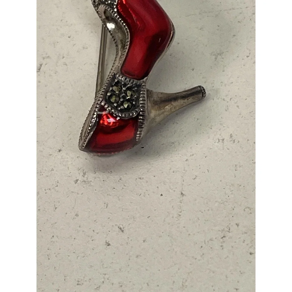 High Heel Shoe Brooch Sterling Silver Red Enamel Marcasite Style Costume Pin